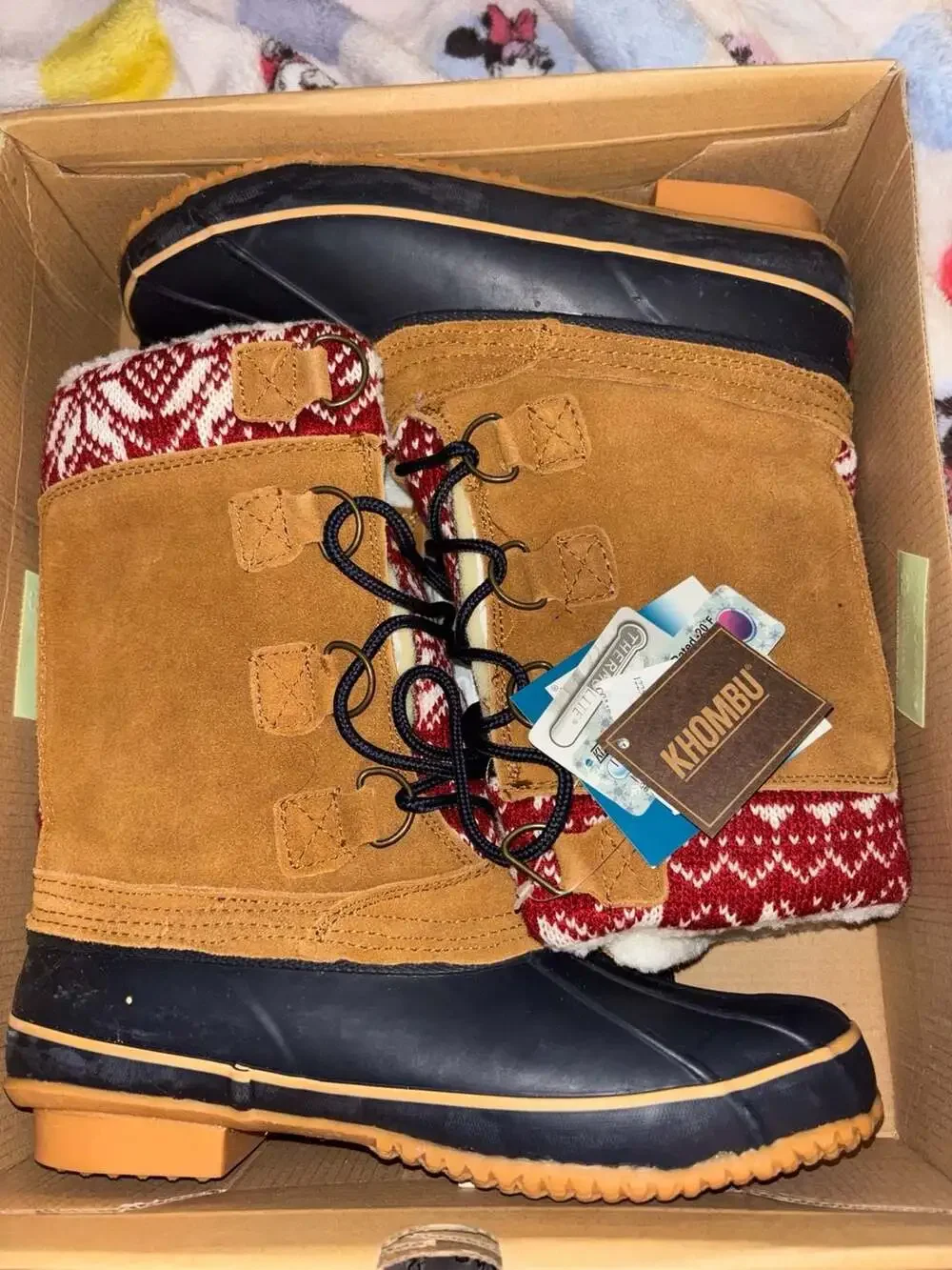 Khombu Vail Brown Suede and Navy Rubber Duck Boots with Red Fair Isle Sweater Cu